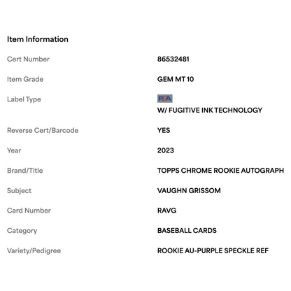Vaughn Grissom PSA 10 2023 Topps Chrome Rookie Auto Purple Speckle #d /299 Card #RAVG