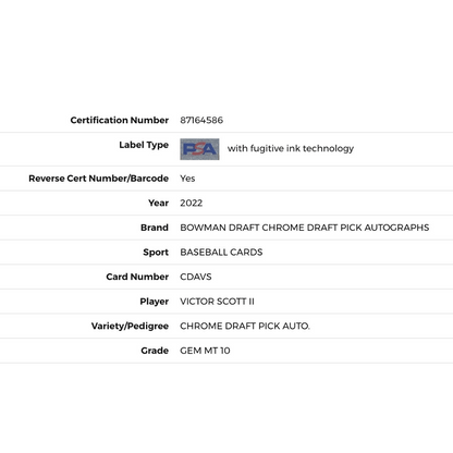 Victor Scott II PSA 10 2022 Bowman Chrome Draft Prospect Autograph Rookie RC Card #CDAVS