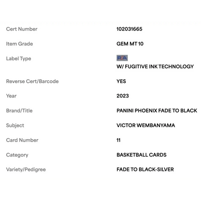 Victor Wembanyama PSA 10 2023 Panini Phoenix Fade to Black Silver Rookie RC Card #11