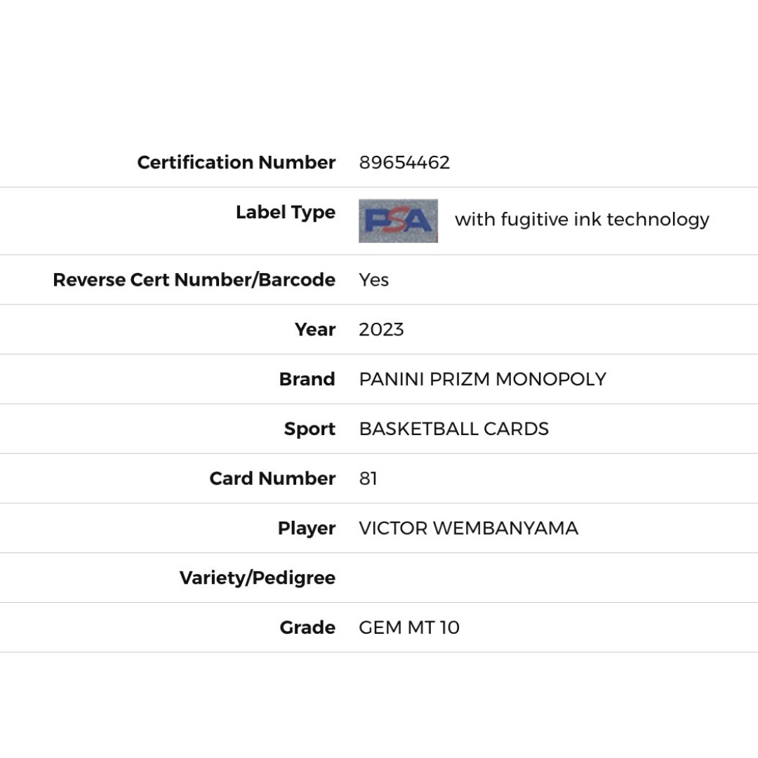 Victor Wembanyama PSA 10 2023 Panini Prizm Monopoly Rookie RC Card #81