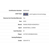 Victor Wembanyama PSA 10 2023 Panini Prizm Monopoly Rookie RC Card #81