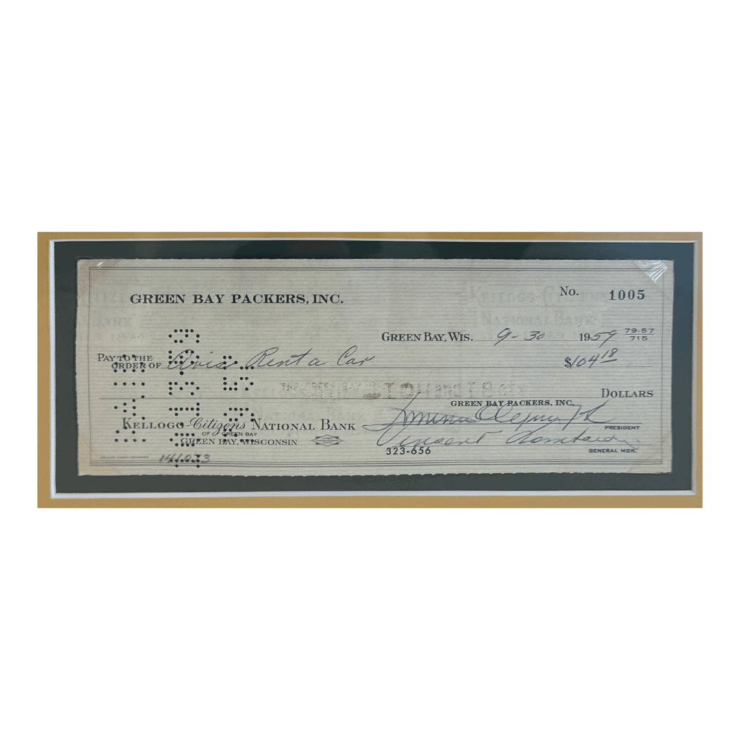 Vince Lombardi Custom Framed Autographed Green Bay Packers 1959 Rental Car Check #1005 & Photo