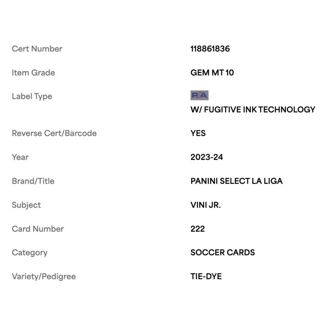 Vini Jr PSA 10 2023-24 Panini Select La Liga Tie-Dye #d/ 30 Card #222