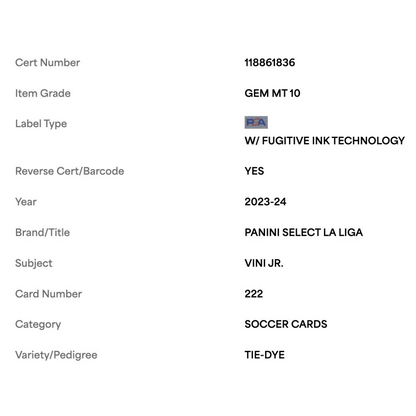 Vini Jr PSA 10 2023-24 Panini Select La Liga Tie-Dye #d/ 30 Card #222