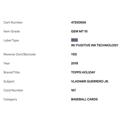 Vladimir Guerrero Jr PSA 10 2019 Topps Holiday Card #167