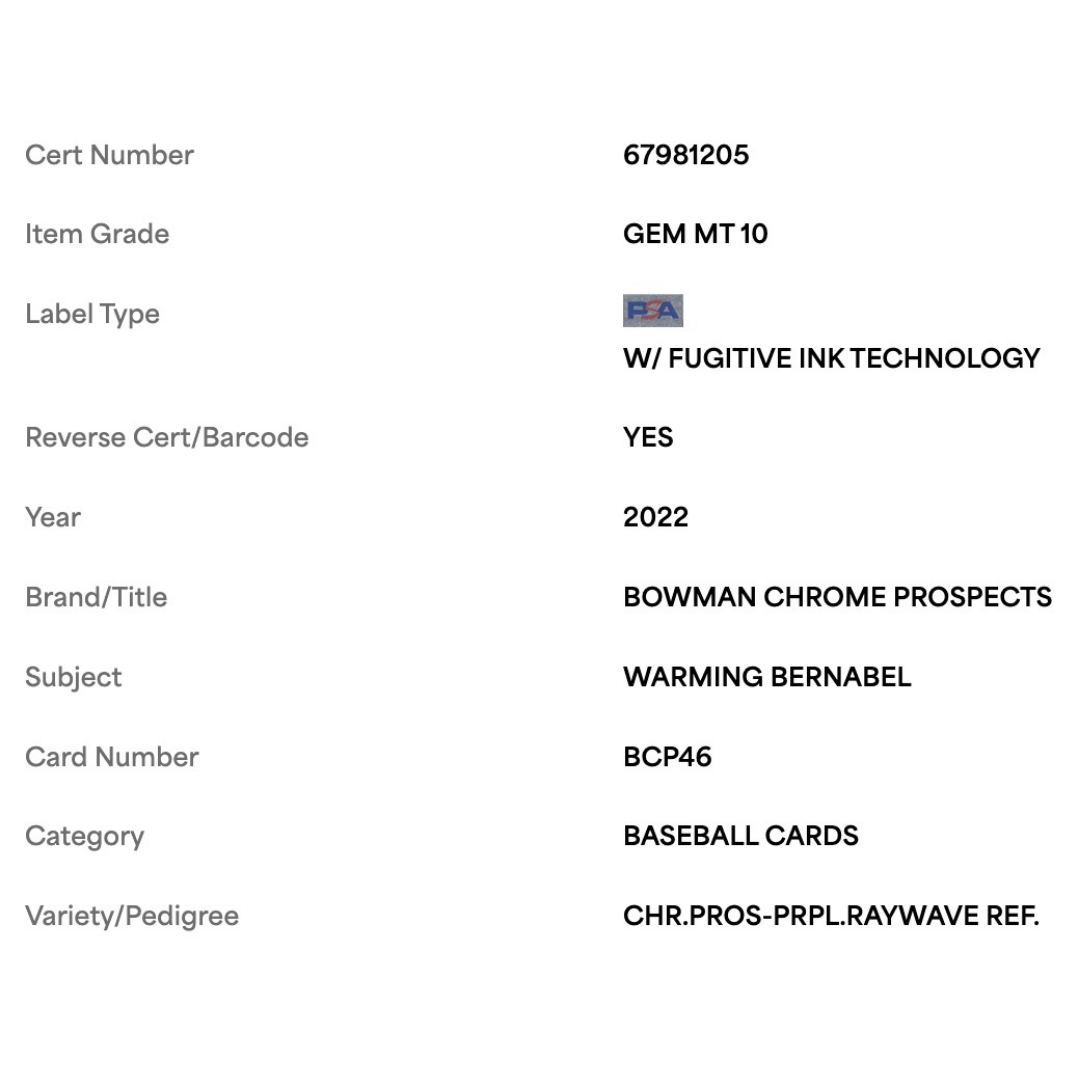 Warming Barnabel PSA 10 2022 Topps Bowman Chrome Prospects Purple Raywave Refractor Card #BCP46