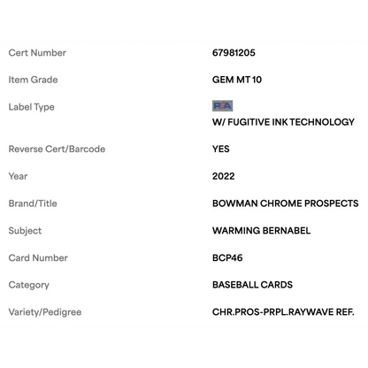 Warming Barnabel PSA 10 2022 Topps Bowman Chrome Prospects Purple Raywave Refractor Card #BCP46