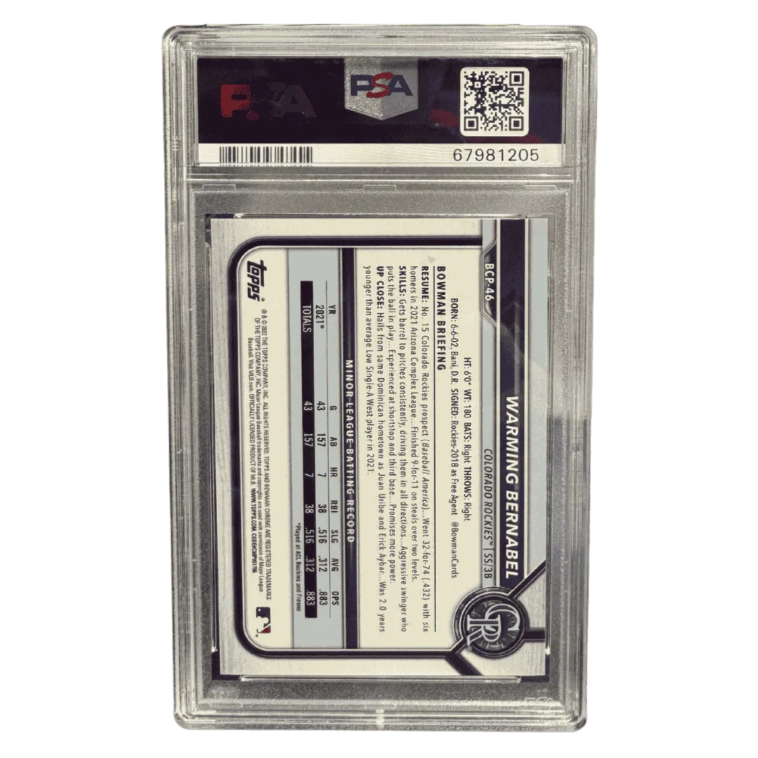 Warming Barnabel PSA 10 2022 Topps Bowman Chrome Prospects Purple Raywave Refractor Card #BCP46