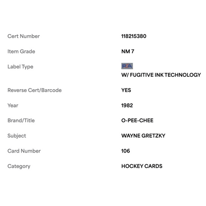 Wayne Gretzky PSA 7 1982 O Pee Chee Card #106