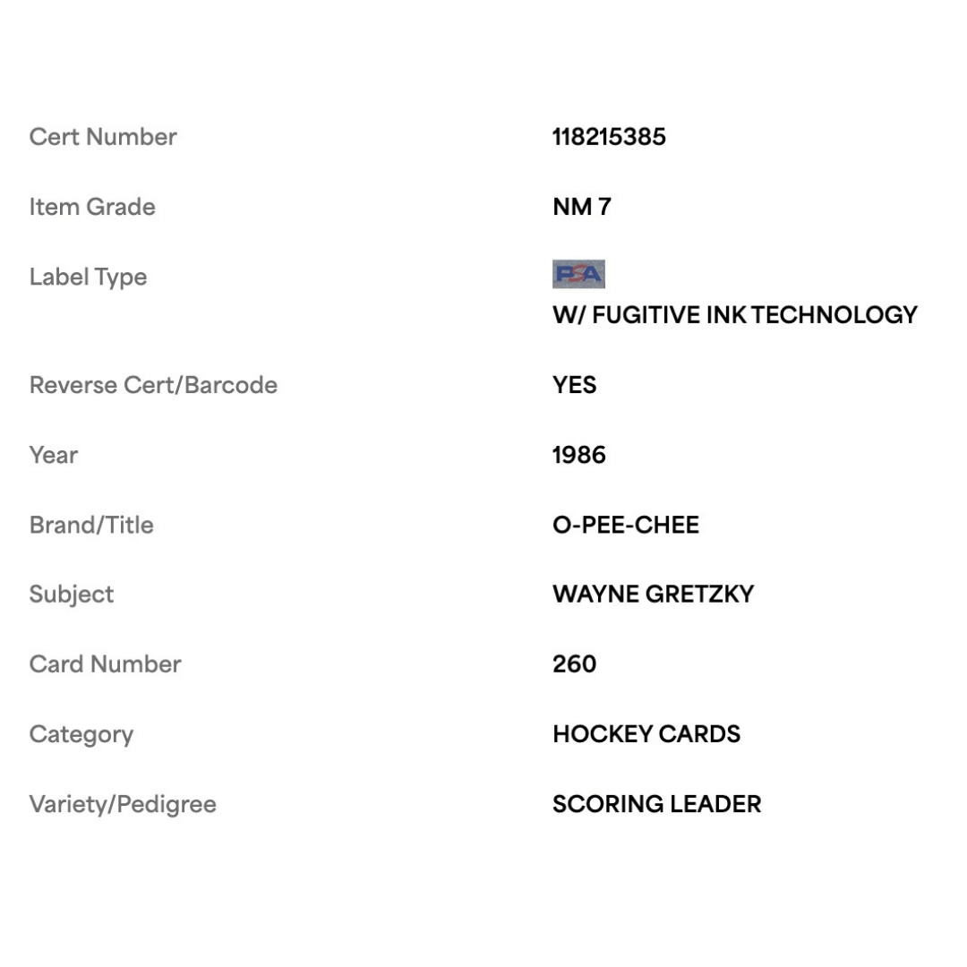 Wayne Gretzky PSA 7 1986 O Pee Chee Scoring Leader Card #260