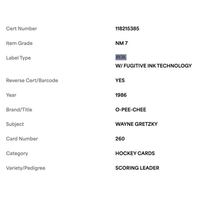Wayne Gretzky PSA 7 1986 O Pee Chee Scoring Leader Card #260