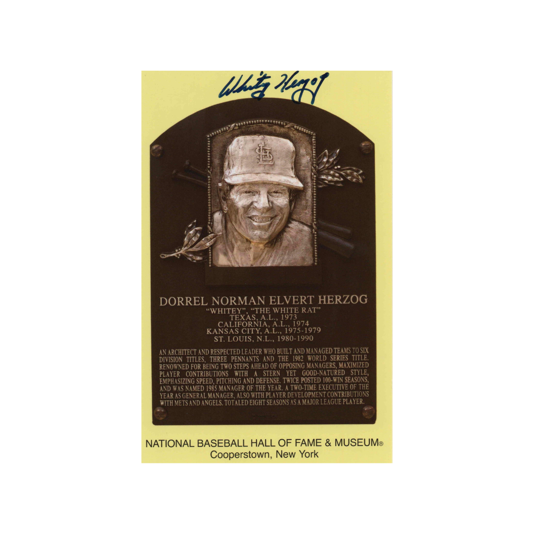 Whitey Herzog St Louis Cardinals Autographed Hall of Fame Gold Plaque Post Card - JSA COA