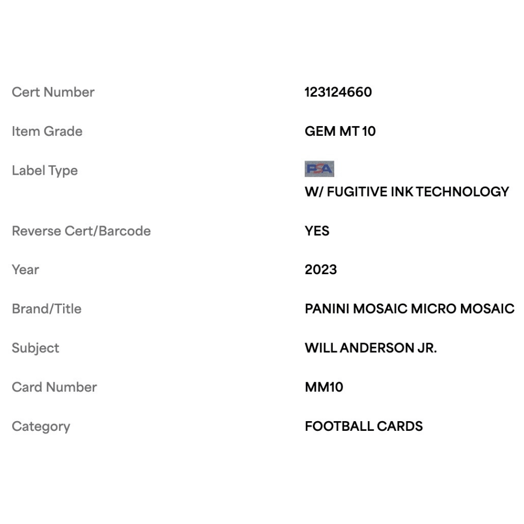 Will Anderson Jr PSA 10 2023 Panini Micro Mosaic Rookie RC Case Hit Card #MM10
