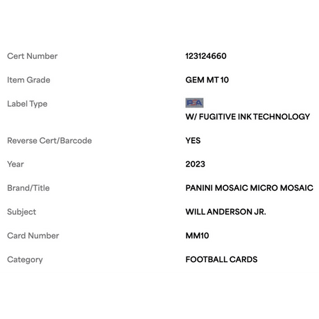 Will Anderson Jr PSA 10 2023 Panini Micro Mosaic Rookie RC Case Hit Card #MM10