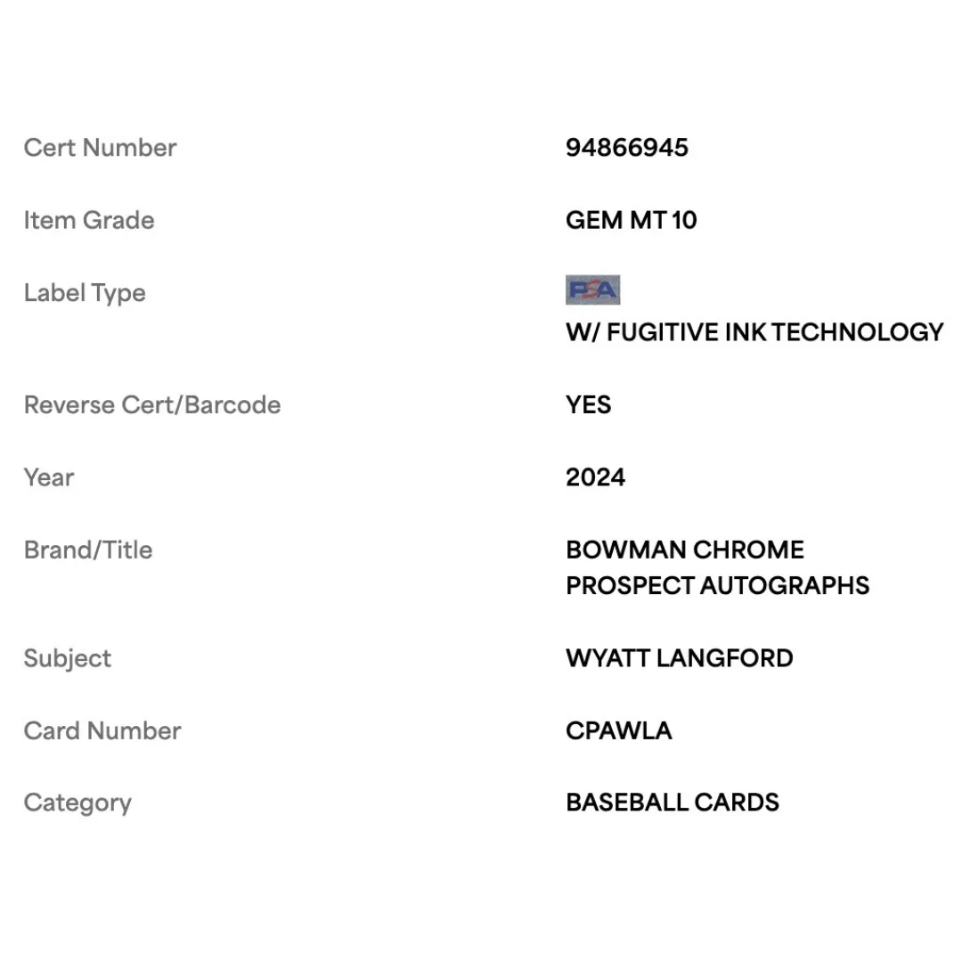 Wyatt Langford PSA 10 2024 Topps Bowman Chrome Prospect Autograph Card #CPAWLA