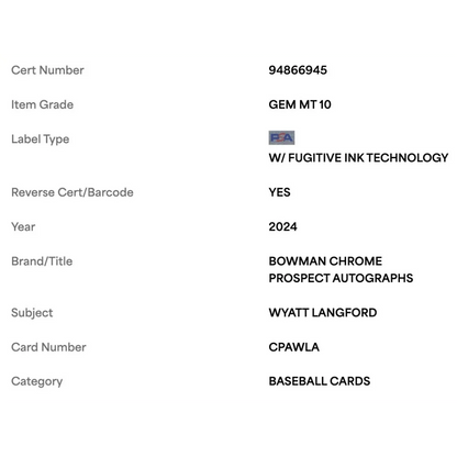 Wyatt Langford PSA 10 2024 Topps Bowman Chrome Prospect Autograph Card #CPAWLA