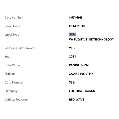 Xavier Worthy PSA 10 2024 Panini Prizm Red Wave Rookie RC #d/149 Card #399