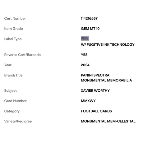 Xavier Worthy PSA 10 2024 Panini Spectra Monumental Memorabilia Celestial Rookie RC #d/ 75 Card #MMXWY