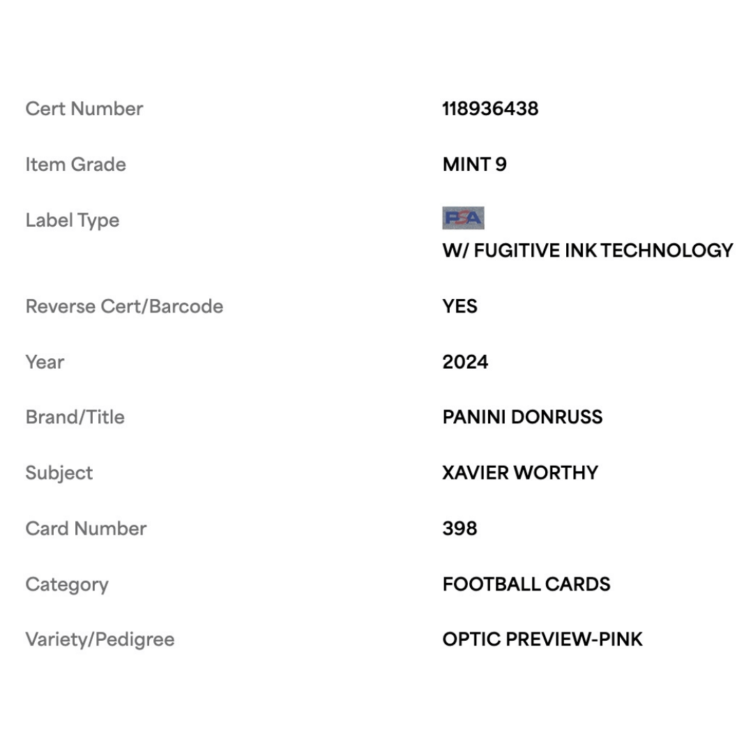 Xavier Worthy PSA 9 2024 Panini Donruss Optic Preview Pink Rated Rookie Card #398