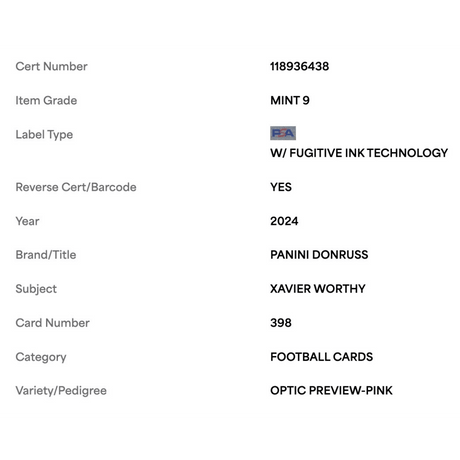 Xavier Worthy PSA 9 2024 Panini Donruss Optic Preview Pink Rated Rookie Card #398