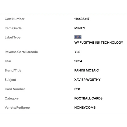 Xavier Worthy PSA 9 2024 Panini Mosaic Honeycomb Rookie RC Card #328