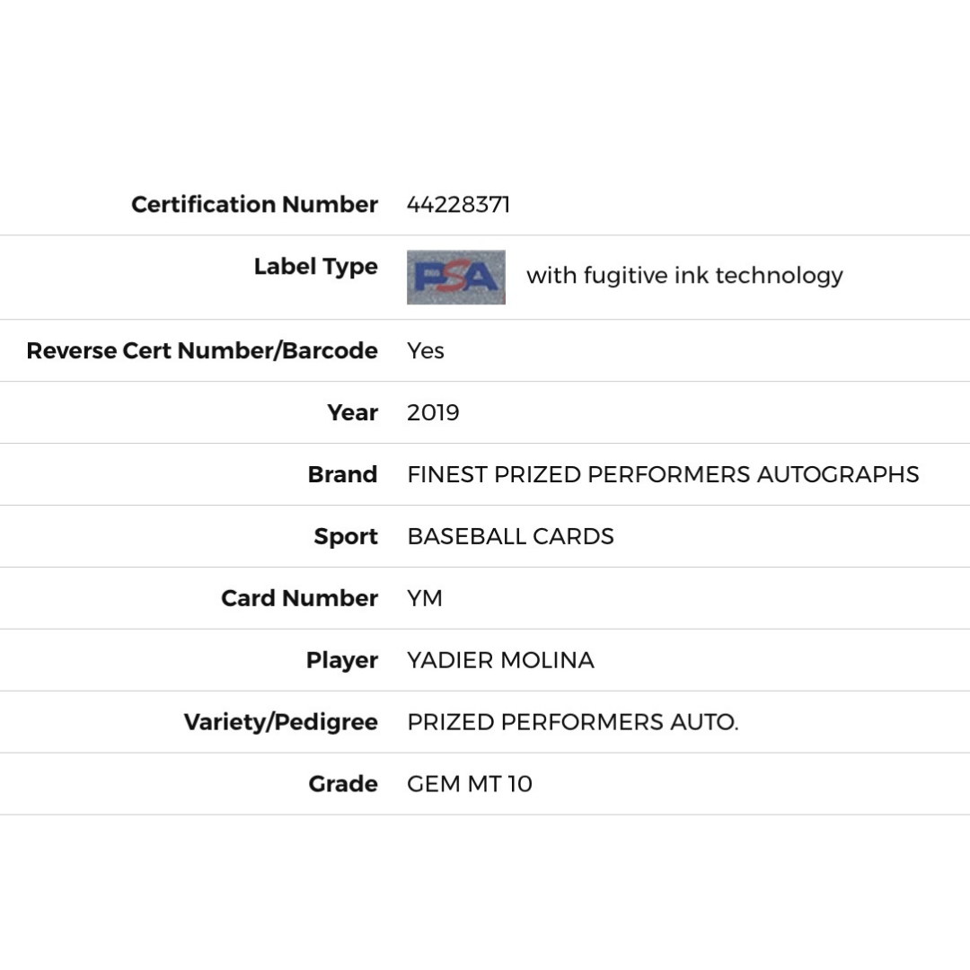 Yadier Molina PSA 10 2019 Topps Finest Prized Performers Autograph #d/50 Card #YM