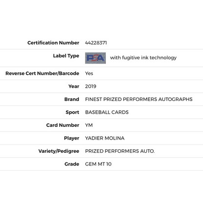 Yadier Molina PSA 10 2019 Topps Finest Prized Performers Autograph #d/50 Card #YM