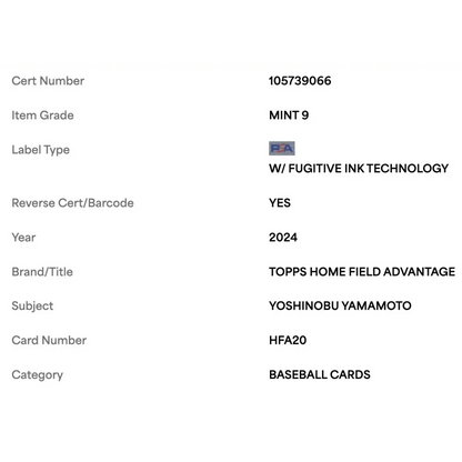 Yoshinobu Yamamoto PSA 9 2024 Topps Home Field Advantage Rookie RC Card #HFA20