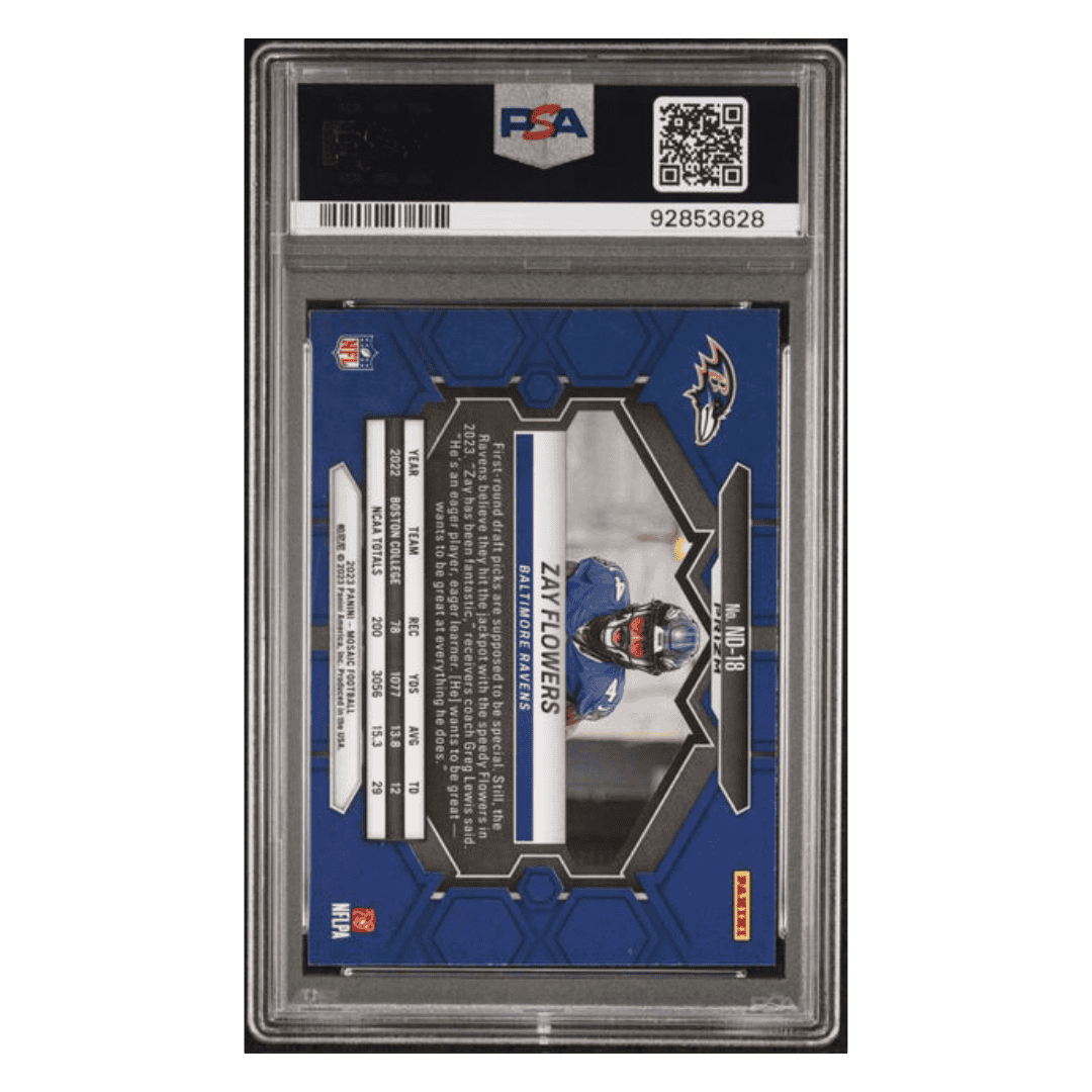 Zay Flowers PSA 10 2023 Panini Mosaic NFL Debut Reactive Blue Rookie RC Card #ND18