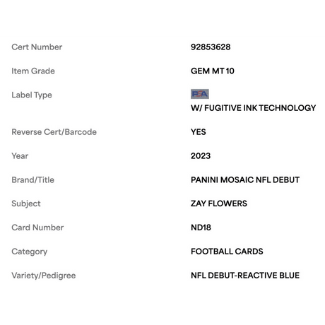 Zay Flowers PSA 10 2023 Panini Mosaic NFL Debut Reactive Blue Rookie RC Card #ND18