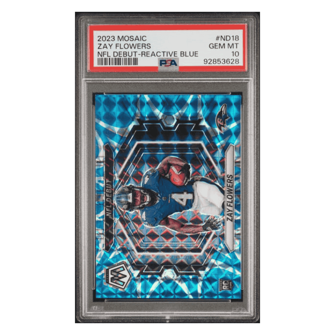 Zay Flowers PSA 10 2023 Panini Mosaic NFL Debut Reactive Blue Rookie RC Card #ND18