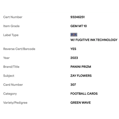 Zay Flowers PSA 10 2023 Panini Prizm Green Wave Rookie RC Card #307