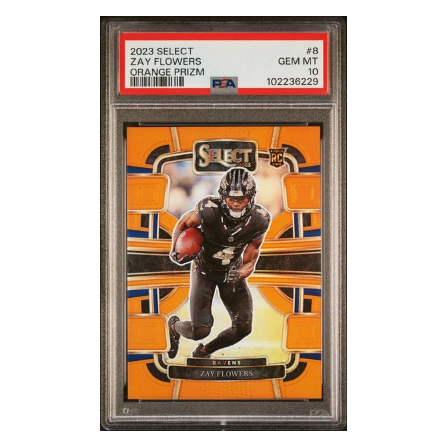 Zay Flowers PSA 10 2023 Panini Select Orange Prizm Rookie RC #d/ 49 Card #8