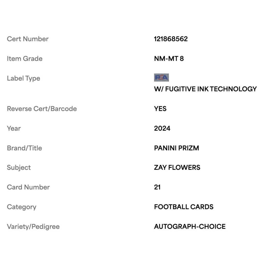 Zay Flowers PSA 8 2024 Panini Prizm Autograph Choice #d/ 100 Card #21