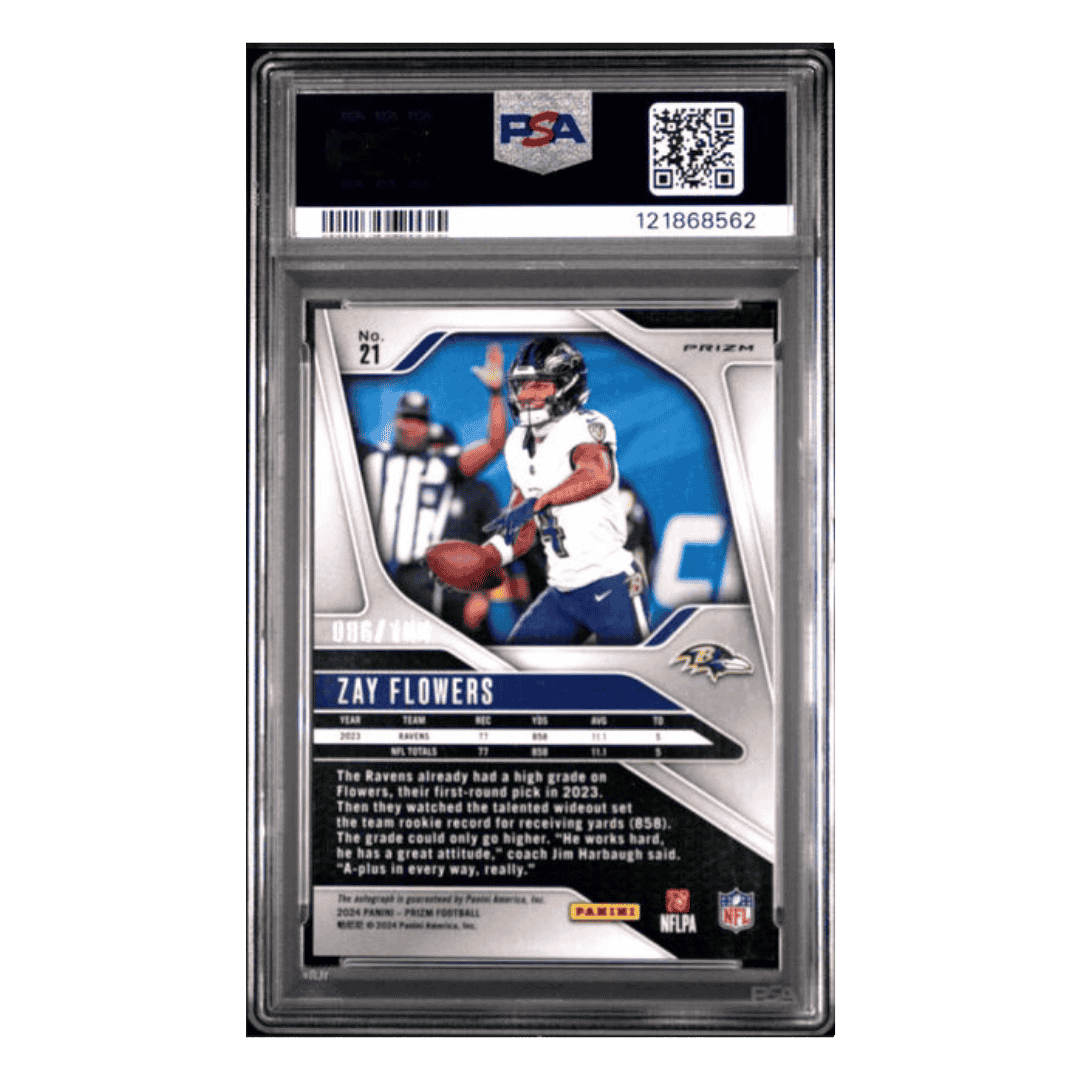 Zay Flowers PSA 8 2024 Panini Prizm Autograph Choice #d/ 100 Card #21
