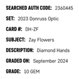 Zay Flowers SGC 10 2023 Panini Donruss Optic Diamond Hands Rookie RC Card #DH-ZF
