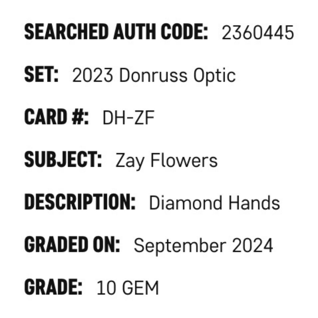 Zay Flowers SGC 10 2023 Panini Donruss Optic Diamond Hands Rookie RC Card #DH-ZF