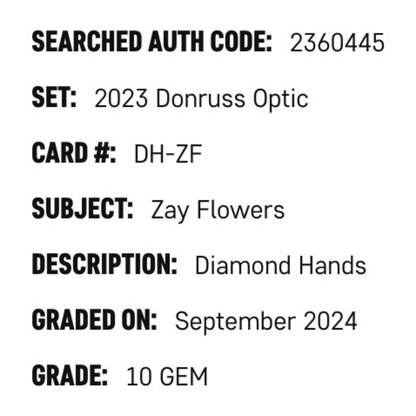 Zay Flowers SGC 10 2023 Panini Donruss Optic Diamond Hands Rookie RC Card #DH-ZF