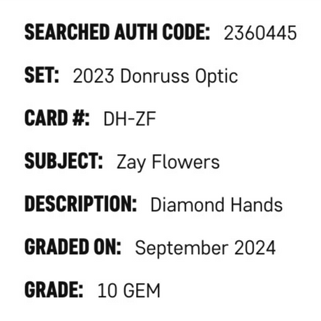 Zay Flowers SGC 10 2023 Panini Donruss Optic Diamond Hands Rookie RC Card #DH-ZF