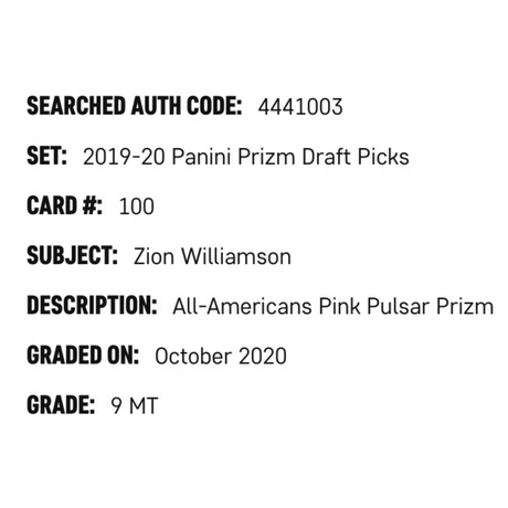 Zion Williamson SGC 9 2019-20 Panini Prizm Draft Picks All American Pink Pulsar Card #100