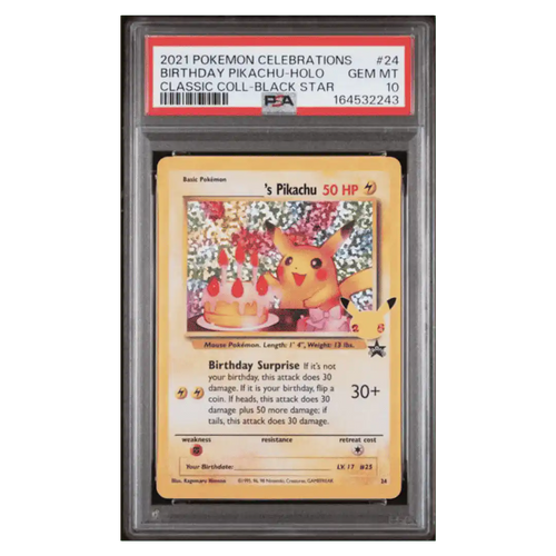 Birthday Pikachu Holo PSA 10 2021 Pokemon Celebrations Classic Collection Black Star Card #24 - Front