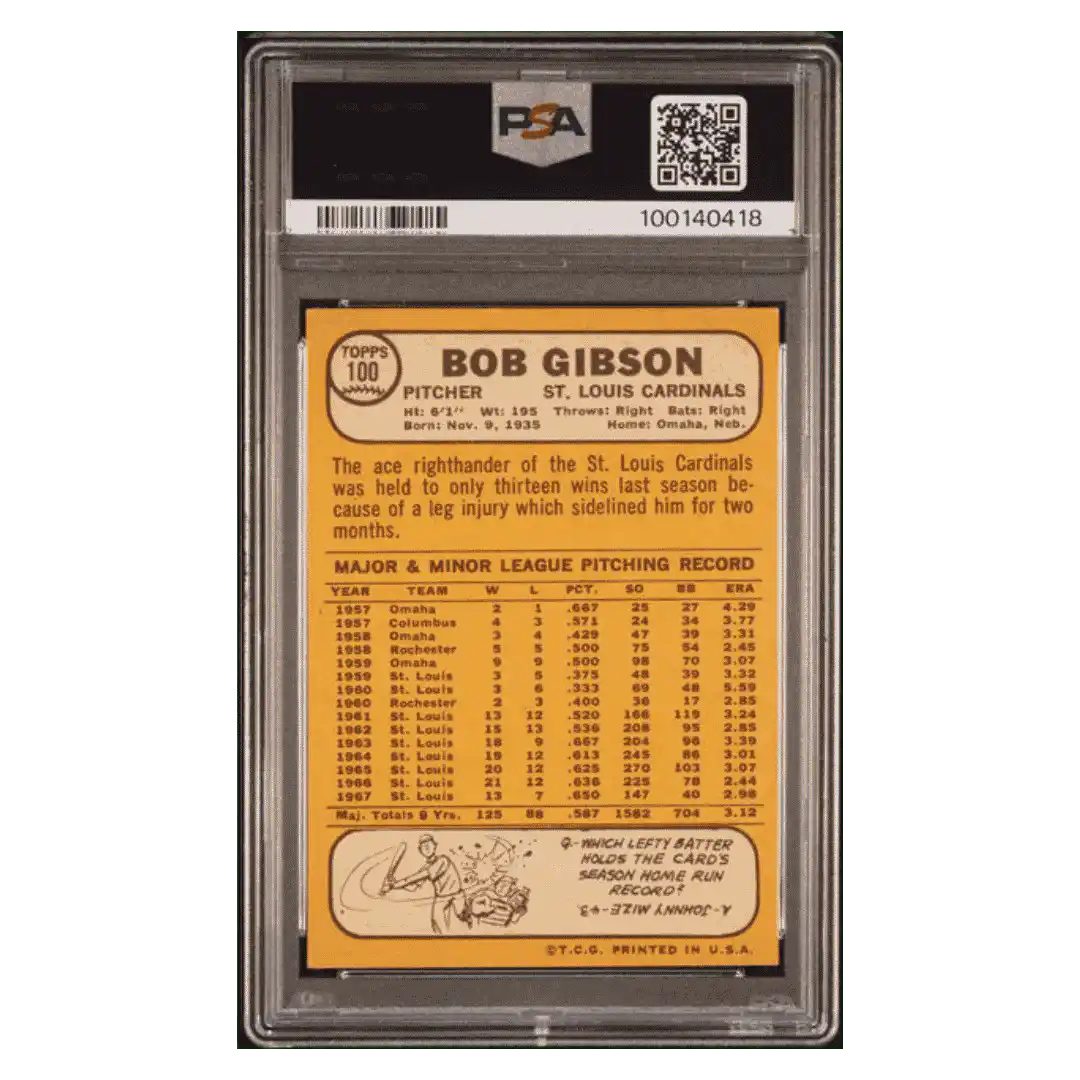 Bob Gibson PSA 5 1968 Topps Card #100 - Back
