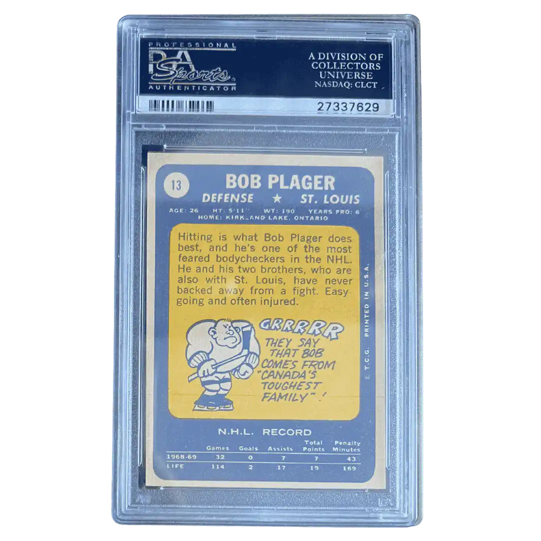 Bob Plager PSA 8 1969 Topps Card #13 - Back