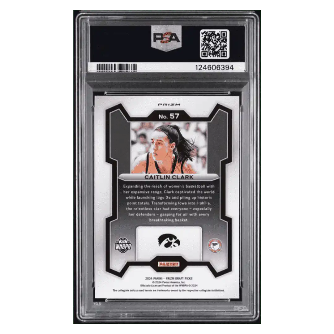 Caitlin Clark PSA 10 2024 Panini Prizm Draft Picks Purple Wave Card #57 - Back