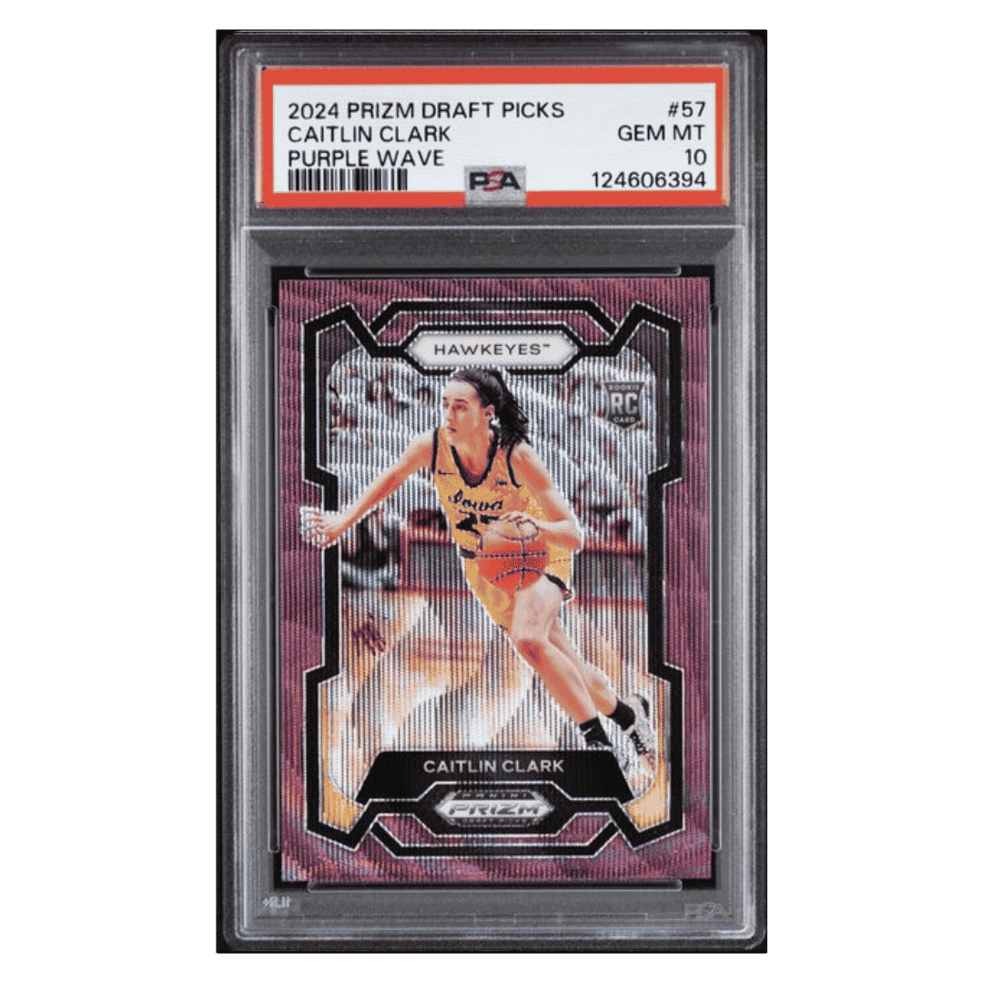 Caitlin Clark PSA 10 2024 Panini Prizm Draft Picks Purple Wave Card #57 - Front