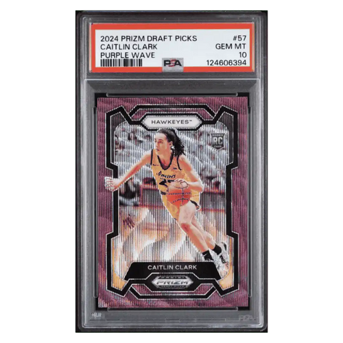 Caitlin Clark PSA 10 2024 Panini Prizm Draft Picks Purple Wave Card #57 - Front