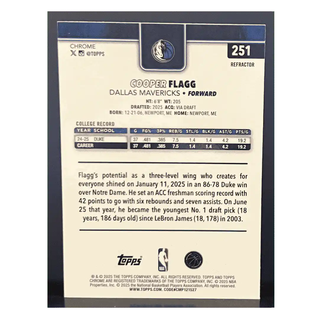 Cooper Flagg 2025 Topps Chrome Refractor Rookie RC Card #251 - Back