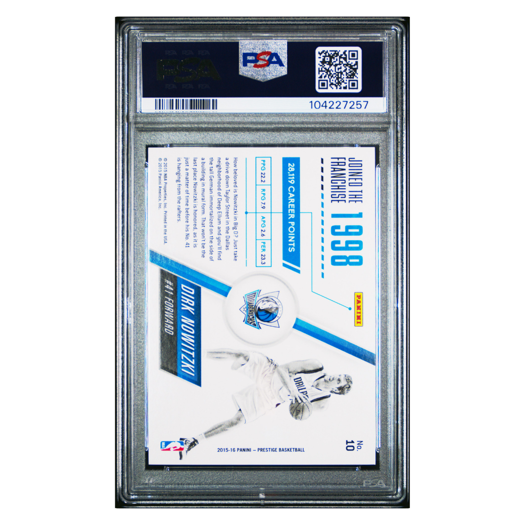 Dirk Nowitzki PSA 9 2015 Panini Prestige Franchise Favorites Checkerboard #d/ 99 Card #10 - Back