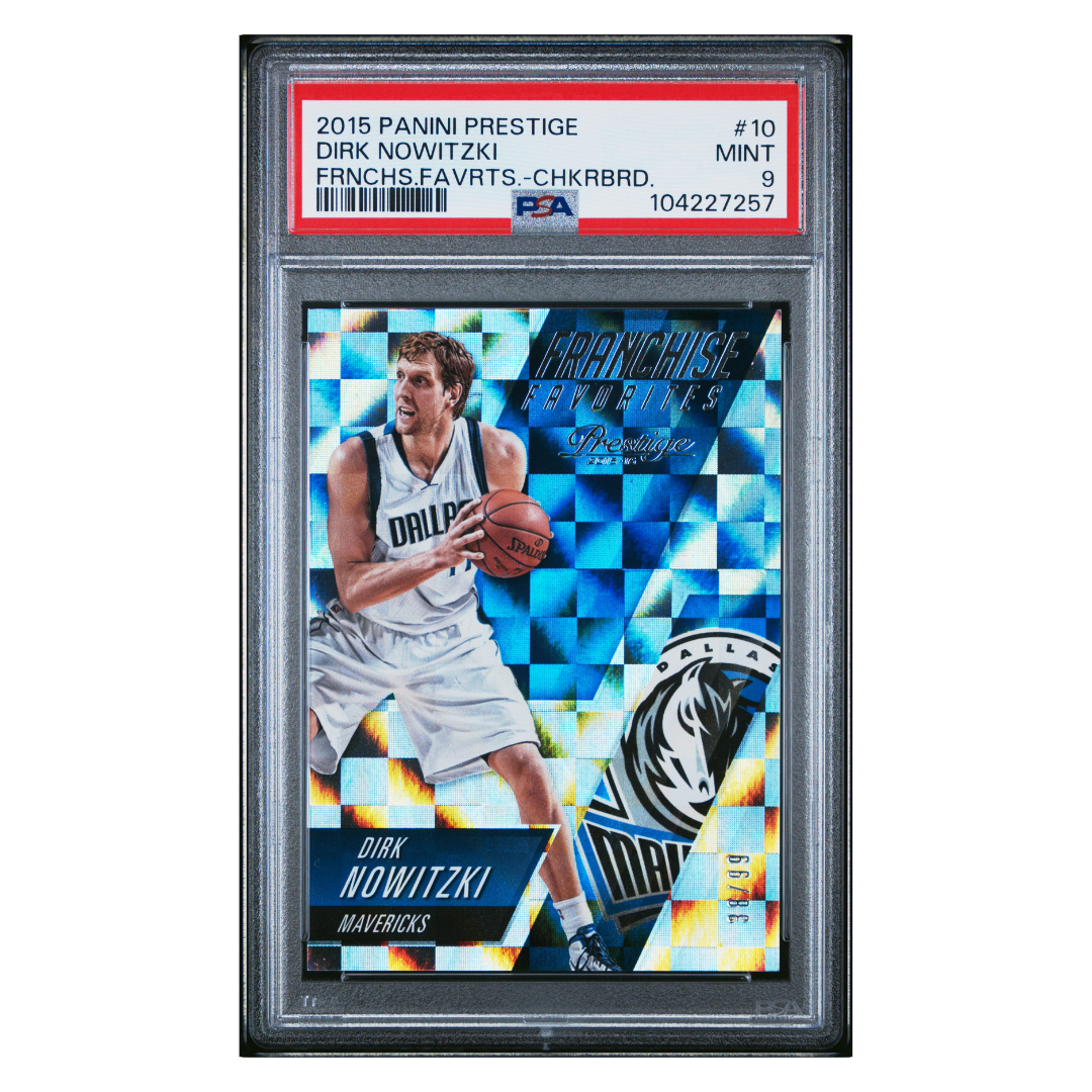 Dirk Nowitzki PSA 9 2015 Panini Prestige Franchise Favorites Checkerboard #d/ 99 Card #10 - Front