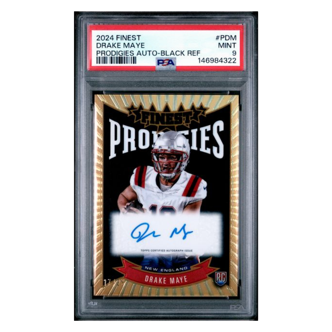 Drake Maye PSA 9 2024 Topps Finest Prodigies Auto-Black Refractor Rookie RC /25 Card #PDM - Front